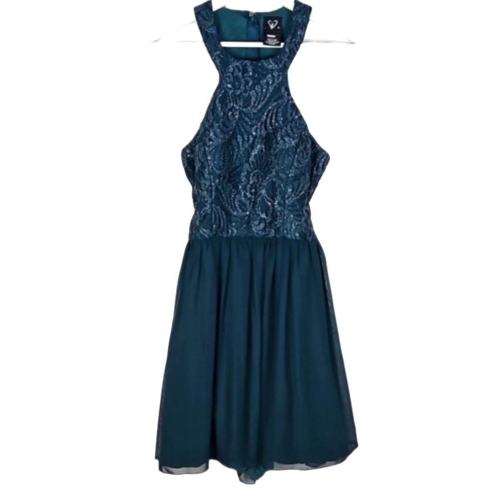Y2K Windsor Emerald Bling Open-Back High Neckline Sleeveless Party Prom Dress, 3